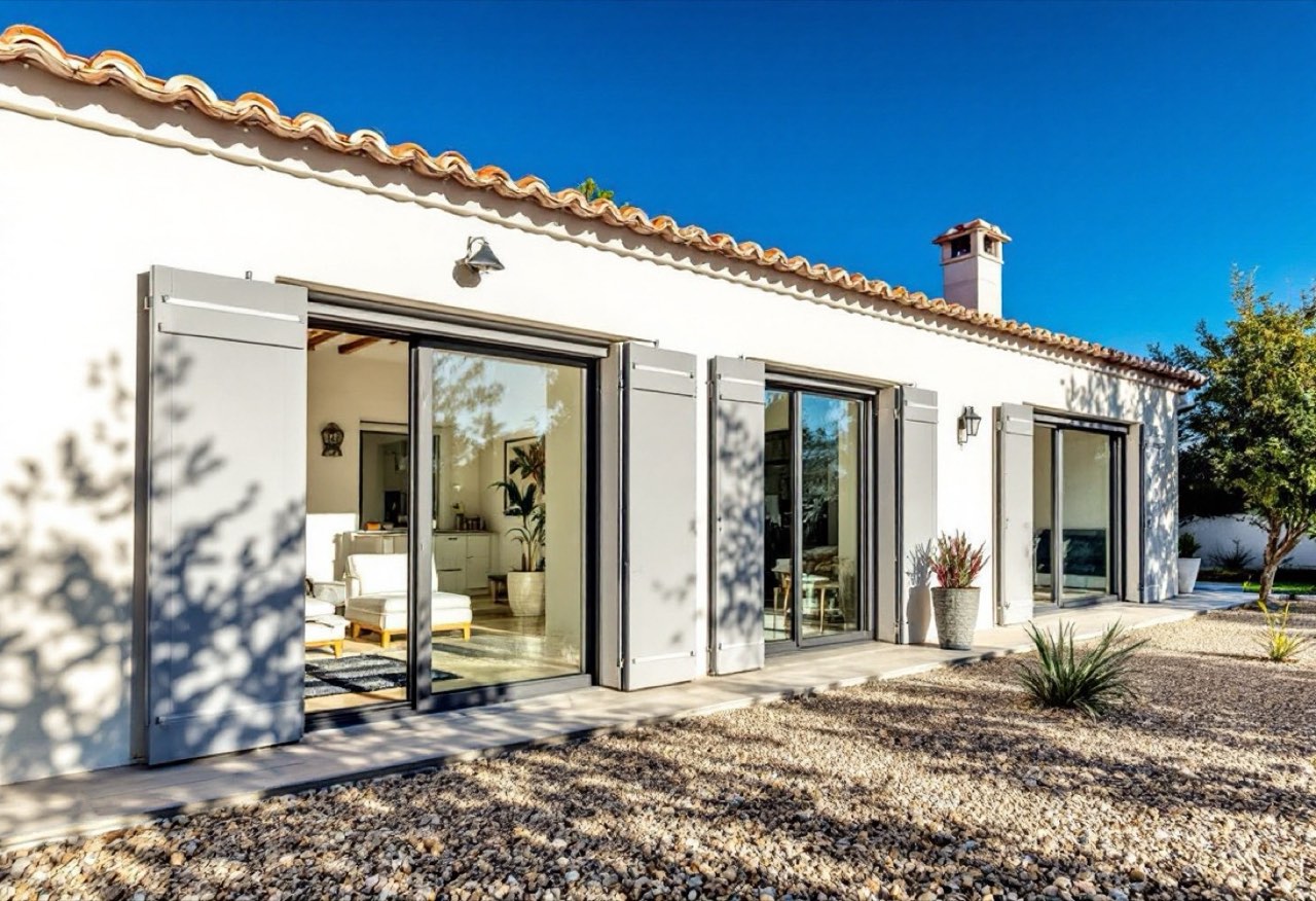 Villa de plain-pied équipée de fenêtres et volets aluminium gris